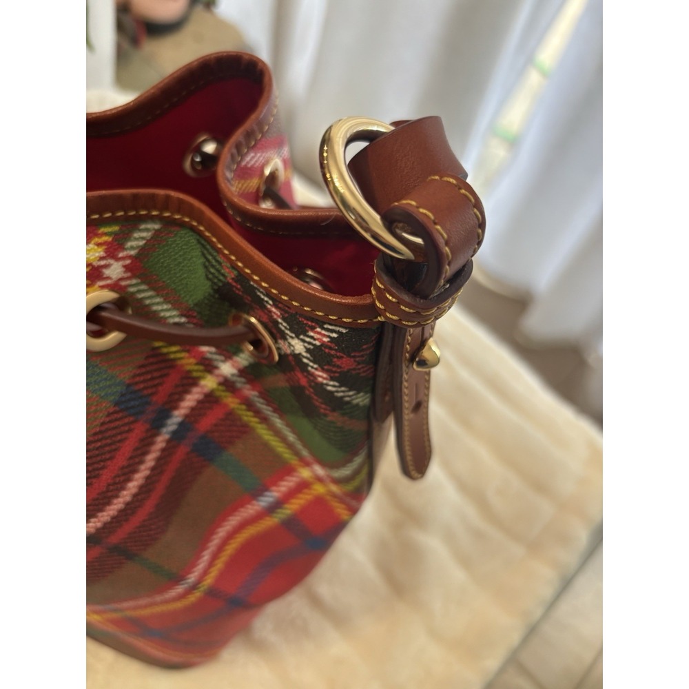 Dooney & Bourke Plaid Bucket Drawstring Shoulder Bag Red Green Tassel Logo - Picture 10 of 16